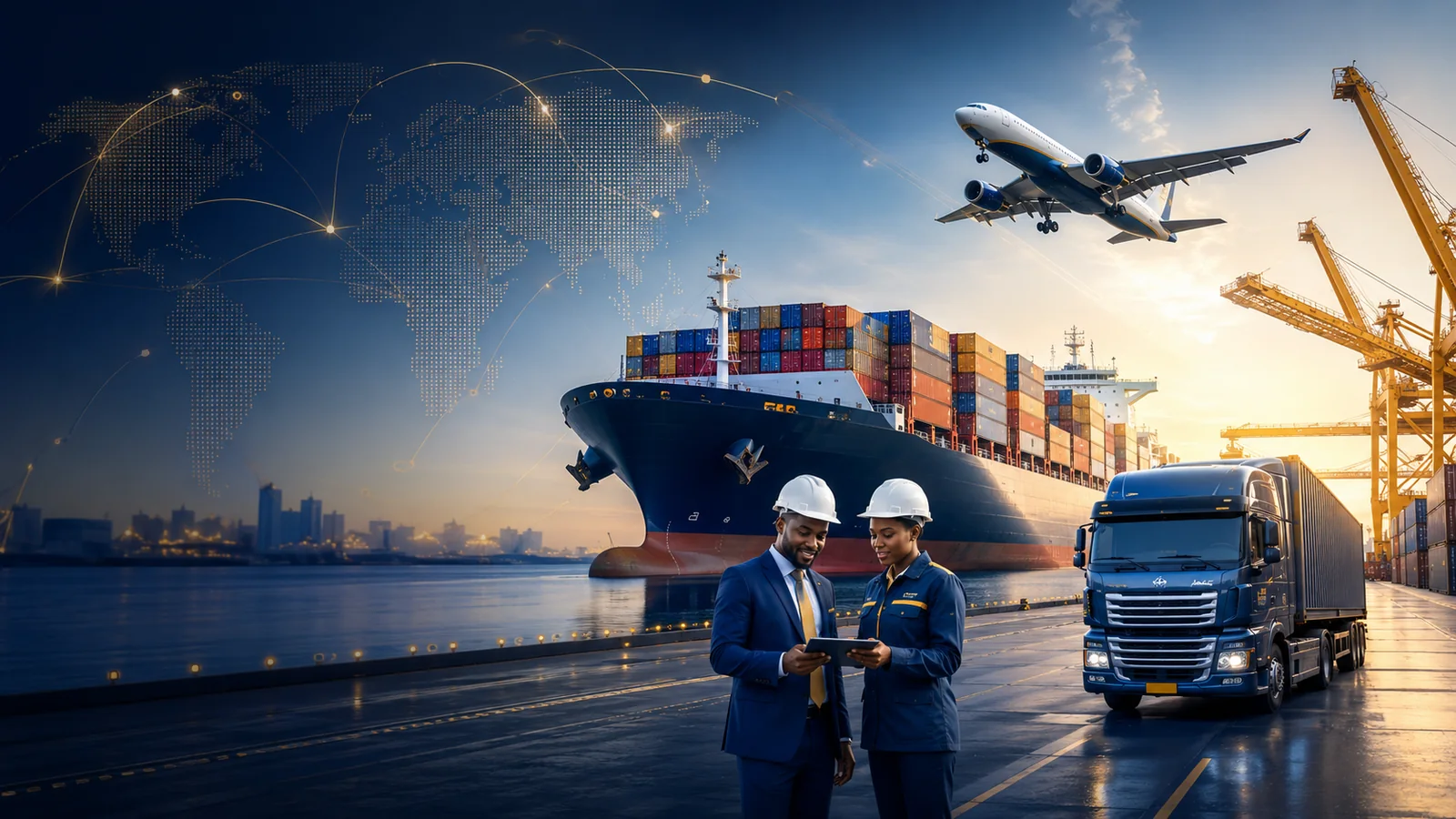 Vue internationale : bateau, avion, camion et port